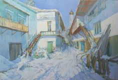 an oil painting of a snowy street with buildings and steps leading up to the building