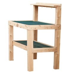 a wooden step stool with green seat padding