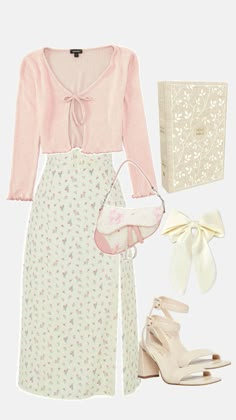 Long Sleeve Cute Outfits, Briar Rose Outfit, Apricot Skirt Outfit, Modest Outfits For Summer Casual, Coquette School Outfits Summer, Feminine Soft Outfits, Girly Clothing Aesthetic, Pastel Floral Outfit, Girly Aesthetic Clothes