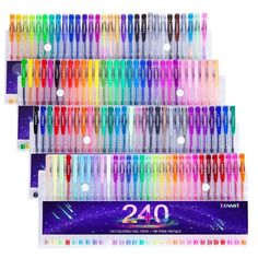 two rows of 24 different colored pens in display cases with the numbers twenty and twenty on them