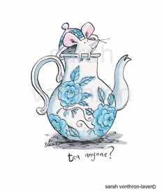 An illustration of a little white mouse popping out from a tall blue china teapot. Best Friend Book, Happy Doodles, Cake Drawing, Cute Tats, Bristol England, China Teapot