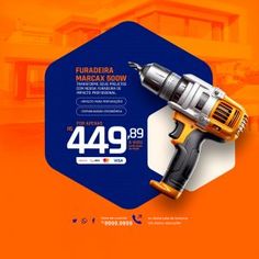 an orange and blue ad with a cordless driller on the front of it