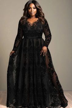 Plus Size Black Wedding Dresses, Black Wedding Dresses Plus Size, Black Maid Of Honor Dress, Plus Size Gala Dress, Plus Size Semi Formal, Lace Maxi Dresses, Black V Neck Long Sleeve, Witches Ball, Ball Outfit