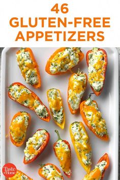 an image of stuffed peppers on a white plate with text overlay that reads, 46 gluten - free appetizers