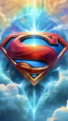 the superman logo is shown in front of clouds