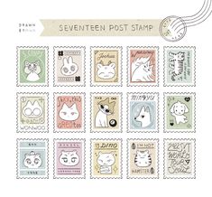 stamps with different animals on them and the words written in each stamp are also drawn