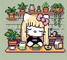 an image of a pixelated hello kitty sitting in front of a fireplace with potted plants