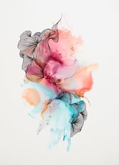 an abstract painting with watercolors and ink on white paper, depicting flowers in different colors