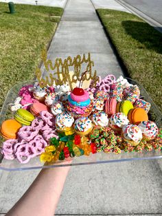 Dessert board with rainbow and pink confetti desserts Lolly Charcuterie Board, Candy Charcuterie Board Birthday, Birthday Dessert Charcuterie Board, Birthday Dessert Board, Birthday Party Charcuterie Board, Cake Charcuterie Board, Pink Charcuterie Board, Enchanted Picnic, Buttercream Board