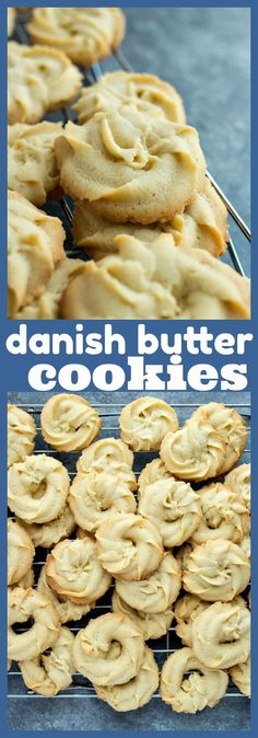 danish butter cookies on a cooling rack with text overlay that reads danish butter cookies