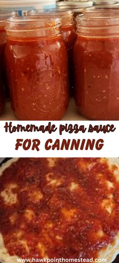 homemade pizza sauce for canning in jars on the stove top and bottom with text overlay