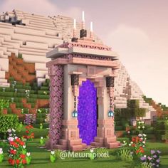 an image of a purple building in the middle of flowers