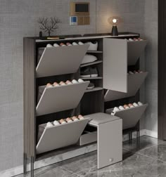 an open bookcase with several compartments on the front and sides, in a modern style