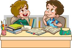 two children sitting at a table with books and pens in front of them, looking at an open book