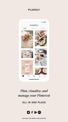 an iphone with the text plan, visualize and manage your pinterest all in one place