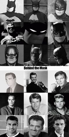 black and white photograph of men in batman costumes with caption that reads, behind the mask