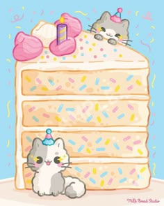 an image of a cake with cats on it and a cat sitting next to it