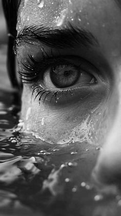 a close up of a person's face in the water with their eyes open