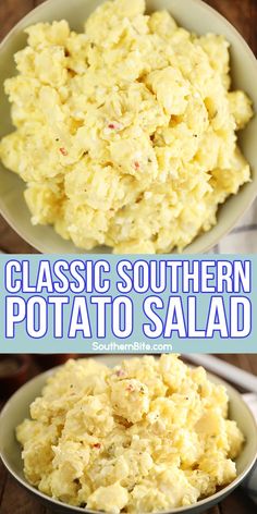 two bowls filled with potato salad and the words classic southern potato salad in blue letters