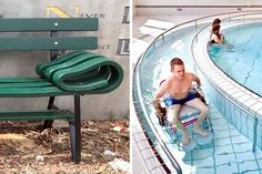 a man sitting on a bench next to a swimming pool with an inflatable chair