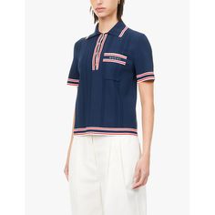 Find GUCCI Brand-embroidered Short-sleeved Woven-blend Polo Shirt M on Editorialist. Gucci woven-blend polo shirt83% viscose, 17% polyester; embroidery 100% polyesterExposed button fastening at frontRegular fit, polo collar, short sleeves, patch pocket and brand embroidery at front, all over fine-knit pattern, striped trimsDry cleanMade in ItalyTrue to sizeModel is 5ft 10in/1.78m and wears a size smallLightweight, stretchy Blue Gucci Tops For Spring, Spring Blue Gucci Tops, Gucci Fitted Tops For Spring, Designer Embroidered Collared Tops, Casual Gucci Tops For Work, Fitted Gucci Tops For Spring, Gucci Cotton Shirt For Workwear, Gucci Cotton Shirt For Work, Navy Collared Top For Work