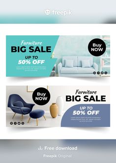 two banners for furniture sale with blue and white colors