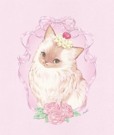 a painting of a cat with flowers on its head and ribbon around it's neck