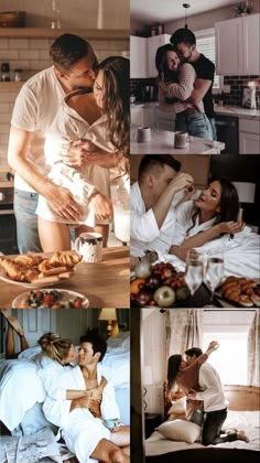 a collage of photos with people in the kitchen and on the bed, eating