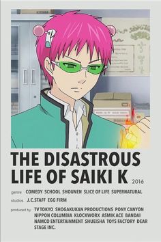 an anime character with pink hair and green glasses in front of a white poster that says the