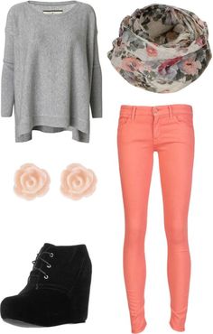 Feminine outfit with booties perfect for fall or spring featuring Ehlsa Pullover By Malene Birger, colorful Skinny Jean, Even&Odd Wedge boots and floral snood. Suede Booties Outfit, Booties Outfit, School Looks, Pink Pants, Van Cleef Arpels, Look Vintage, Outfits Casuales, Outfits For Teens, Cute Fashion