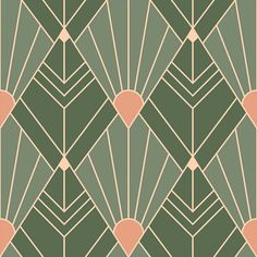 an art deco wallpaper design in green and peach tones, with geometric shapes on the sides