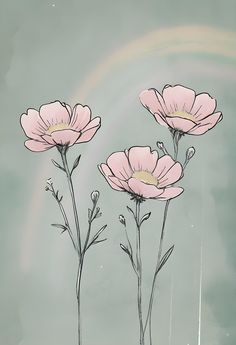 three pink flowers on a green background with a rainbow in the sky behind them,