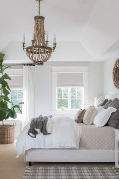 a bedroom with a bed, chandelier and rug on the floor in front of it