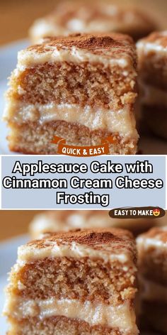 two pictures of cake with cinnamon cream cheese frosting on top and the words, quick & easy