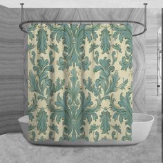 a shower curtain with an ornate design on it