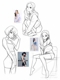 some sketches of people sitting down and posing