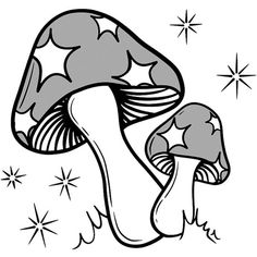 a black and white drawing of a mushroom with stars in the sky behind it on a white background