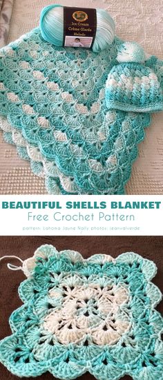 the crochet blanket is made with beautiful shells