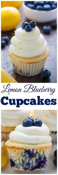 lemon blueberry cupcakes with white frosting and fresh blueberries on top