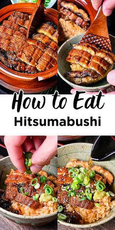 Japanese hitsumabushi: grilled eel over rice with toppings, shown in stages of preparation and serving Grilled Eel, Eel Sauce, Unagi Sauce, Japanese Recipes, Delicacy Food, New Obsession, Japanese Cooking, Aichi, Japan Food