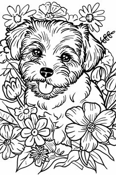 a dog with flowers in its mouth coloring pages for adults and children, including the puppy's face