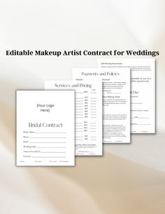 Editable Bridal Makeup Contract Template, Professional Makeup Contract Template, Freelance Makeup Artist Contract As a makeup artist, I had a difficult time finding a contract that included enough information and space to use for my business. After researching and looking at MANY different contracts, I was able to create a well-organized, detailed Bridal Makeup Contract that you can customize to your own business. I spent weeks making this contract for my own business, and I wish I could have pu Makeup Artist Contract, Makeup Contract, Bridal Business, Freelance Makeup Artist, Contract Agreement, Braut Make-up, My Own Business, Contract Template, Professional Makeup Artist