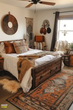 a bedroom with a bed, rug and ceiling fan