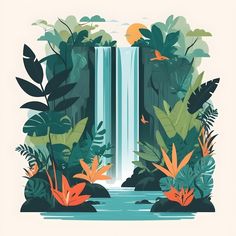 an illustration of a waterfall surrounded by tropical plants