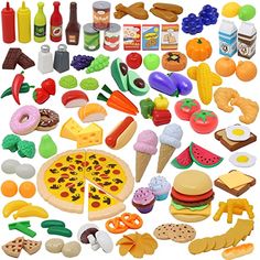 a bunch of toys that are in the shape of a pizza and other food items