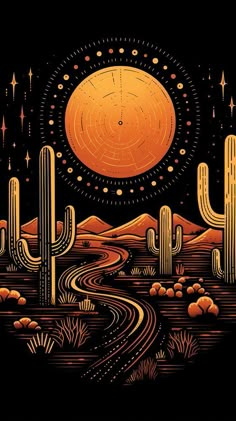 an image of a desert scene with cactus trees and stars in the sky, on a black background