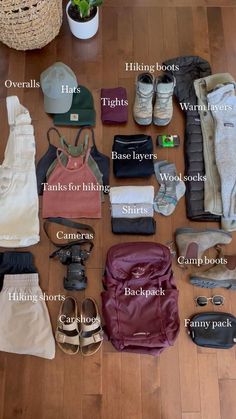 the contents of a travel bag laid out on a wooden floor with names in english