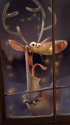 a reindeer is looking out the window at christmas lights