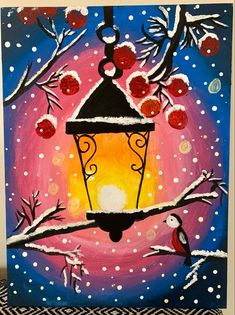 an acrylic painting of a lamp post and bird on a snowy night with red berries