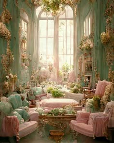 a living room filled with lots of furniture and flowers on the wall above it's windows